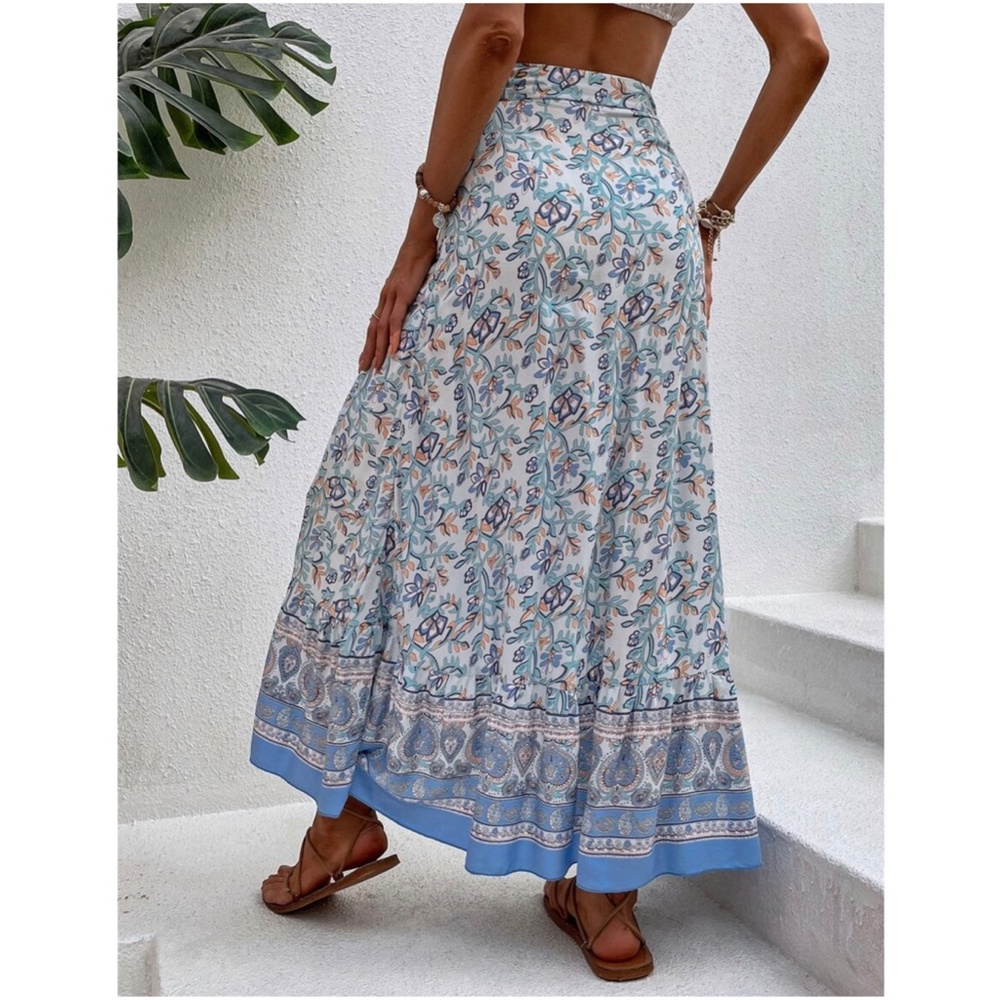 Boho Blue Floral Print Ruffle Wrap maxi Skirt - Picture 9 of 10